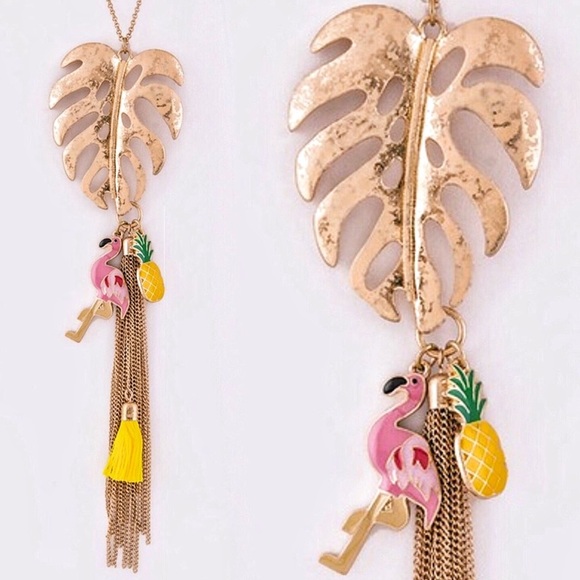 Jewelry - Gold Monstera Leaf Necklace Flamingo Pineapple